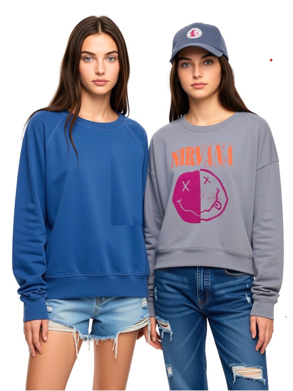 Old Navy Set of 2 Girls Sweatshirts - Gray Nirvana Graphic Cropped, Teal Crew